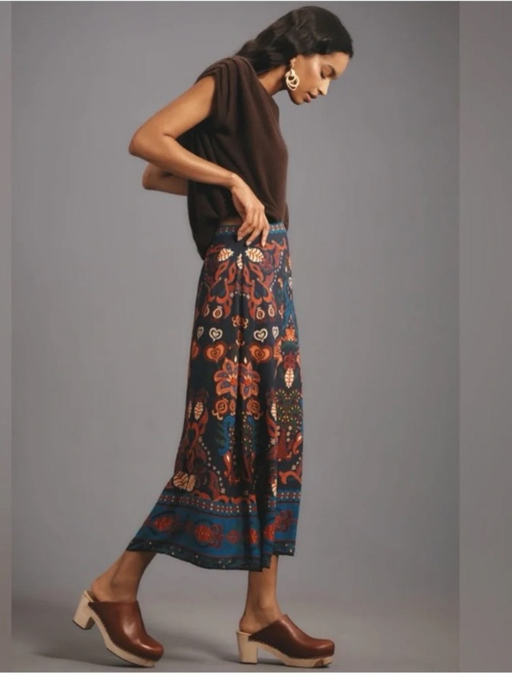 New Anthropologie Farm Rio Indigo Blue Boho Beach Floral Satin Slip Midi Skirt M - Picture 4 of 9